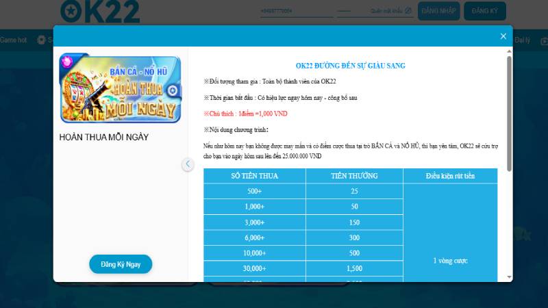 Khuyến mãi OK22 khi thua bắn cá nổ hũ